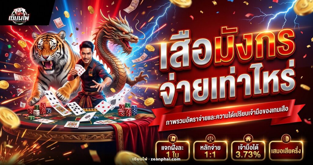 ไพ่เสือมังกรฝั่งละ 1 ใบ พร้อมอัตราจ่าย 1:1 และความได้เปรียบเจ้ามือ 3.73%